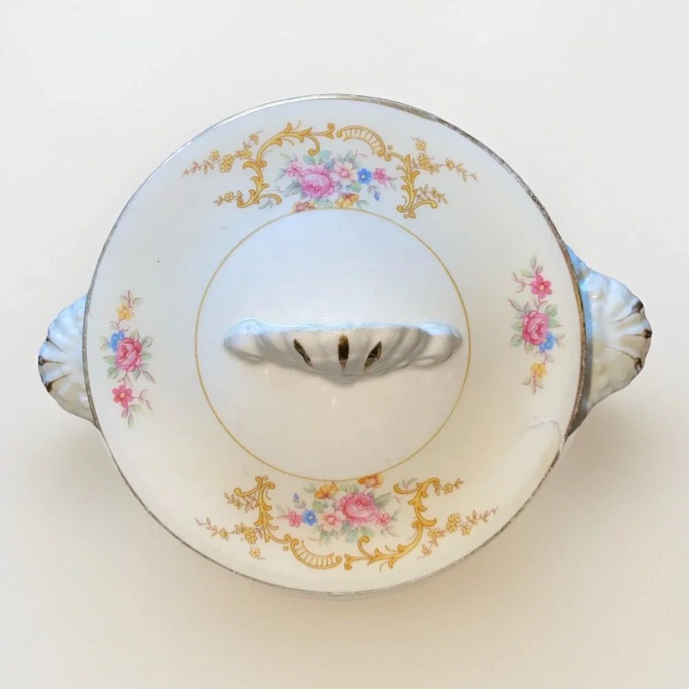 Homer Laughlin Eggshell Nautilus Aristocrat Floral Sugar Bowl Rare Handle Design